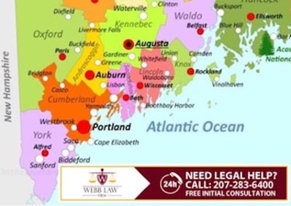Map of Webb Law Maine and the law firm's legal services practice area, stretching from Augusta Maine and south of there, to the New Hampshire line. For a free lawyer consultation, dial 207-283-6400 24 hours a day for legal help in the State of Maine for criminal and OUI charges.